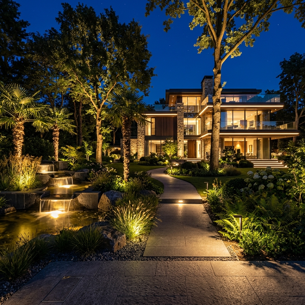 Illuminated Garden and Water Feature